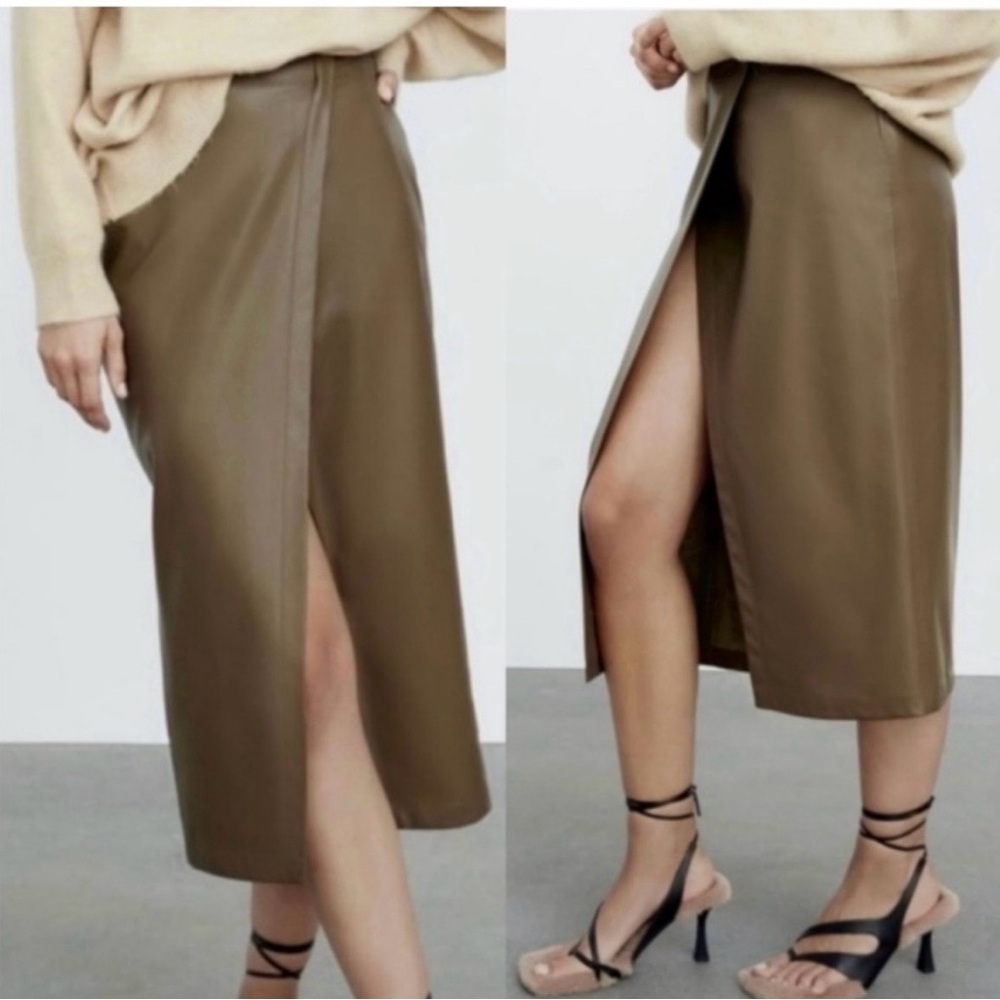 Zara Asymmetrical Olive Green Faux Leather Skirt